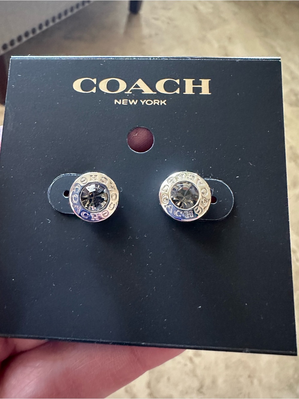 Coach Silver-Tone Logo Stud Earrings with Black Crystal Centers